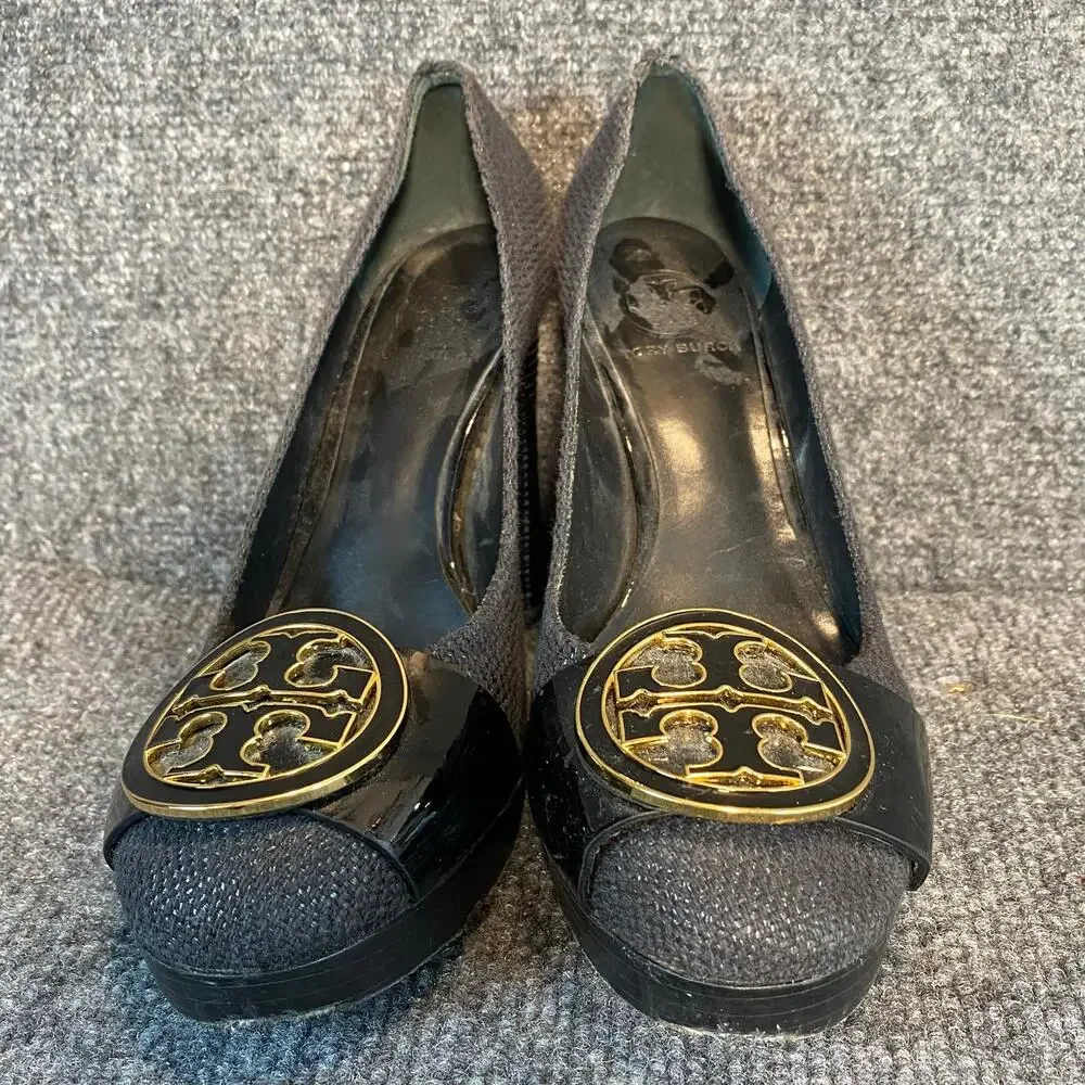 Tory Burch Black Tweed Block High Heel Pumps Gold Logo Hardware Womens 8